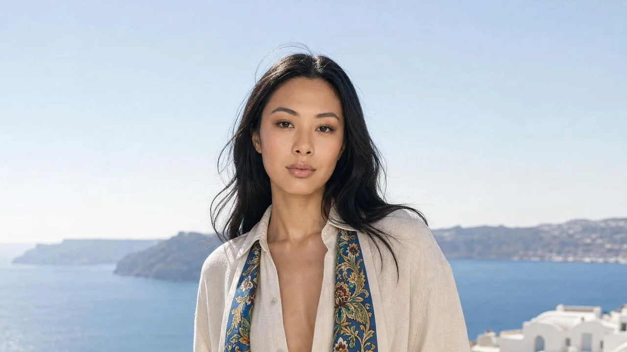 Alexandra Lim in a linen shirt and patterned scarf overlooking Santorini