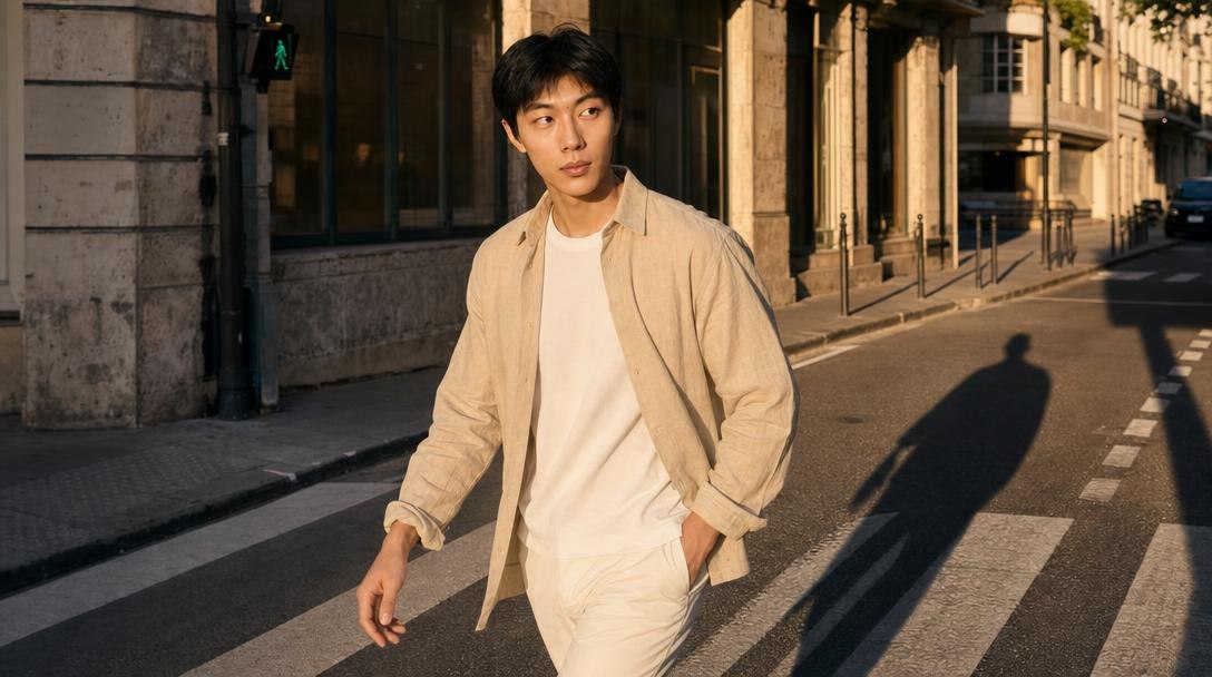 Licensed menswear editorial, generated from his kit