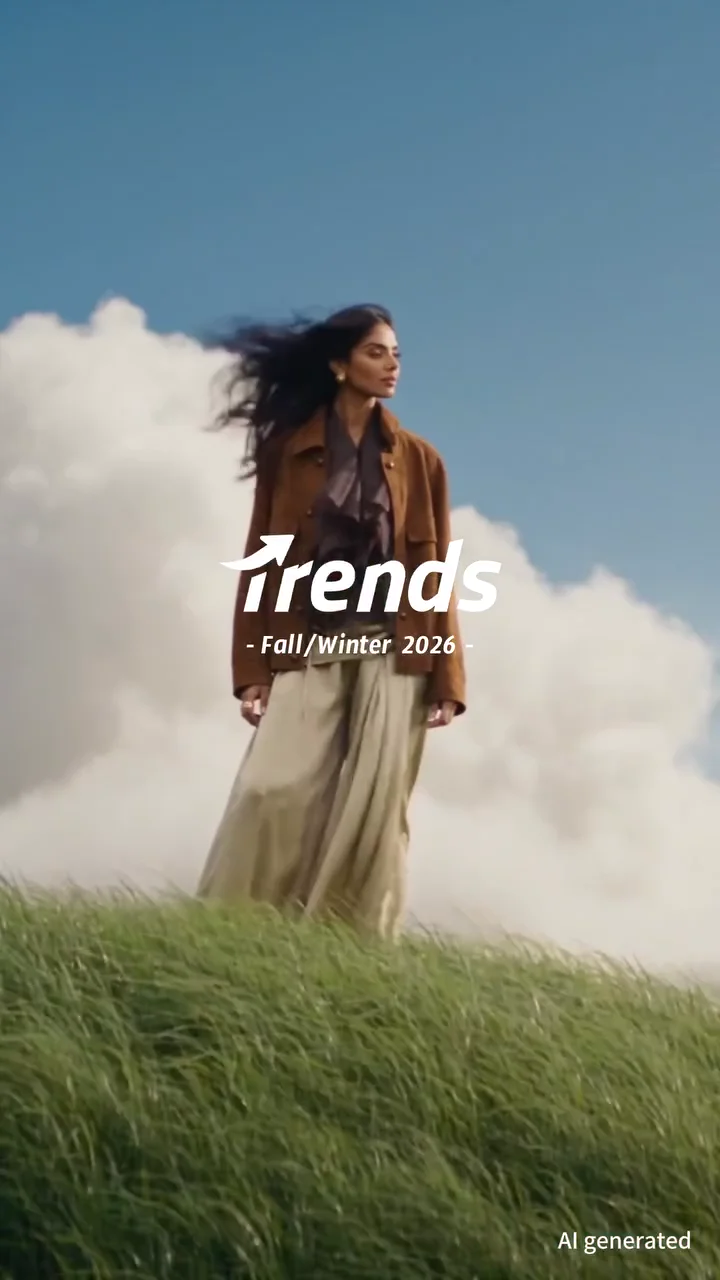 SHEIN campaign talent in a brown jacket in a windswept meadow