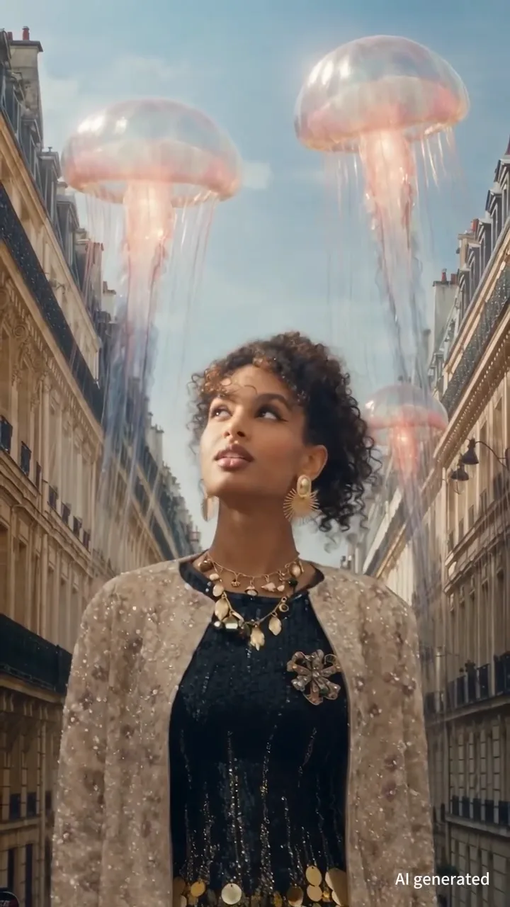 SHEIN campaign talent in an embellished black gown above the Paris rooftops