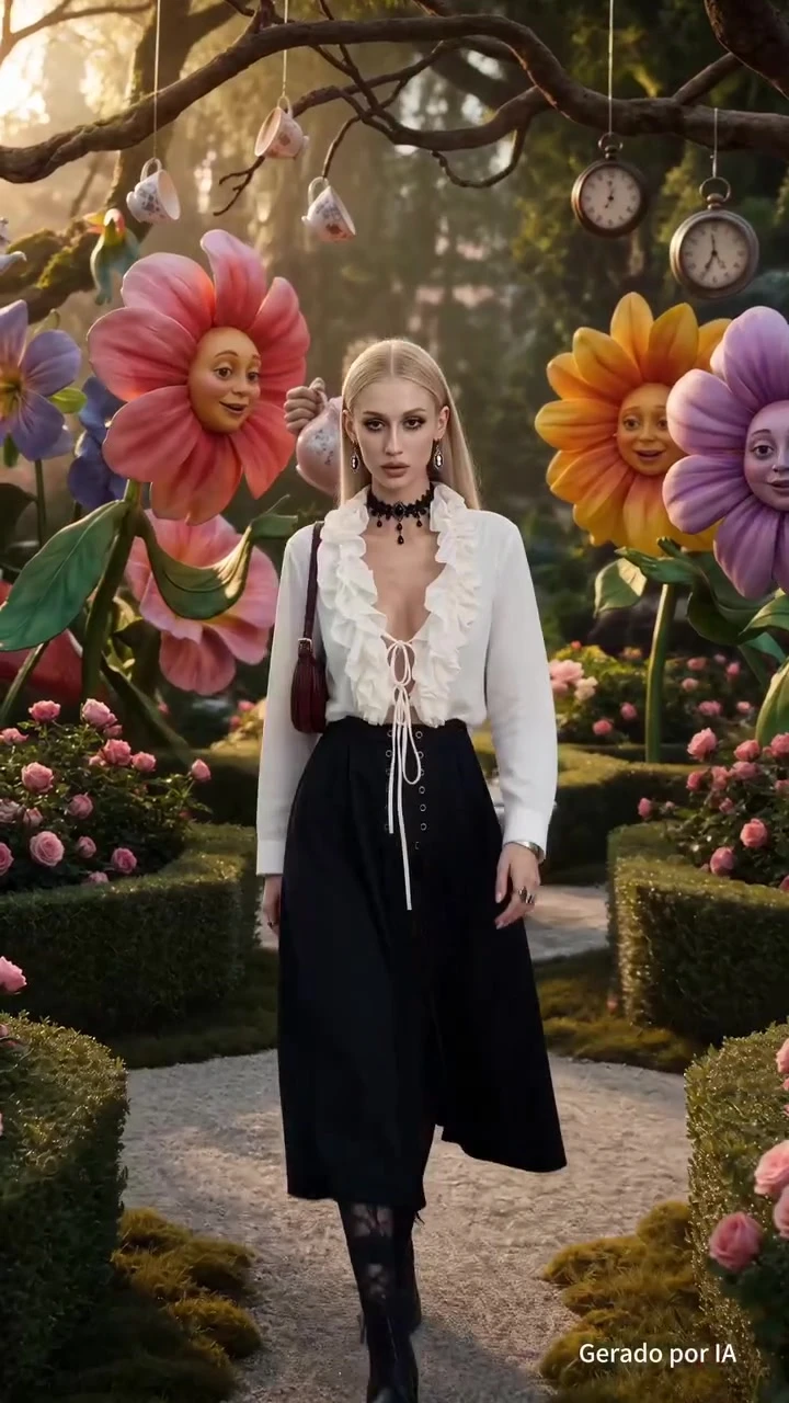 SHEIN campaign talent in a garden of oversized flowers
