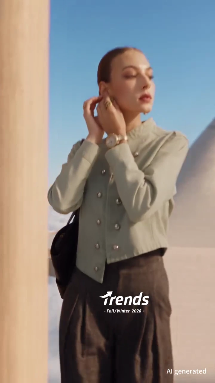SHEIN campaign model in a sage jacket beneath sculptural arches above the clouds