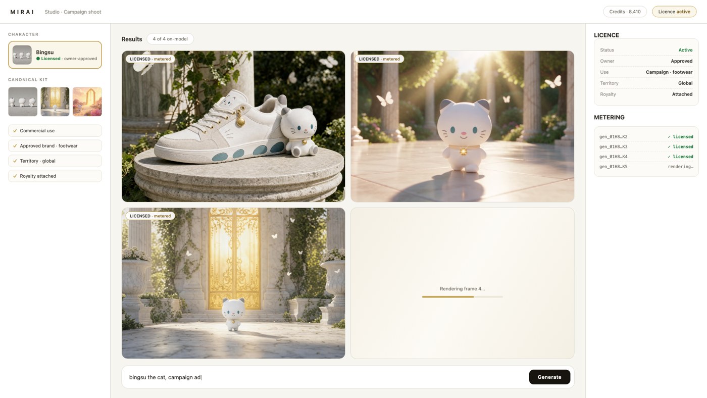 The Mirai studio: licensed character, terms active, renders metered